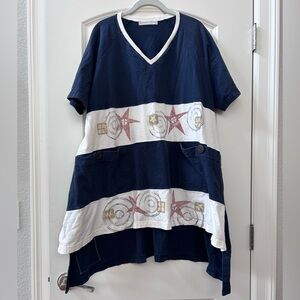Vintage Blue Fish 100% Organic Cotton Handpainted Tunic. Summer 98. Star Games.